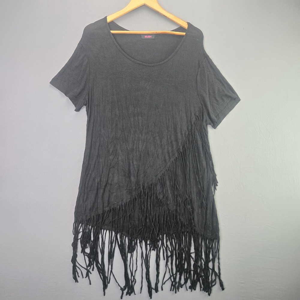 Krush Fringe T-Shirt Top XL Black Asymmetrical Tassel Boho Short Sleeve Tee